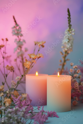 burning candles in violet lavender purple pastel color with flames in peaceful calm studio still life setting for meditation  spa  retreat  prayer  faith  christmas  advent