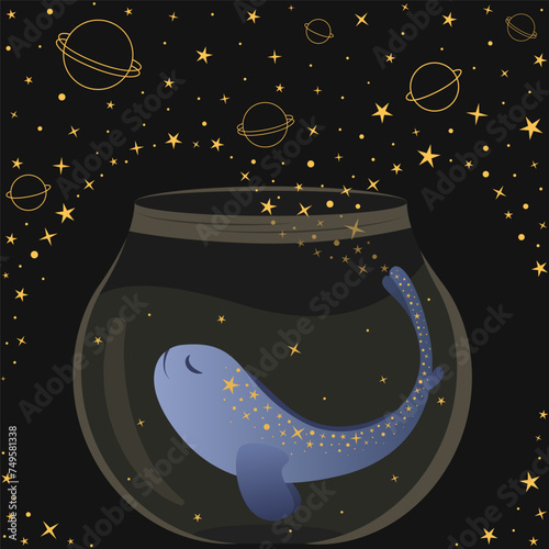 Cute magical starry fish swimming in a glass jar and releases stars into space with a flick of its tail. Fantasy night, dream art. Flat vector illustration