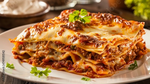 freshly baked lasagne with meat, closeup 