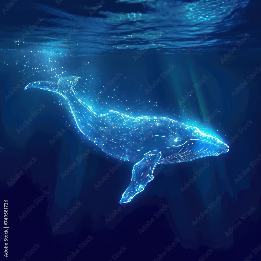 phosphorus whale diving down in deep blue ocean water color ice blue marble background card   - obrazy, fototapety, plakaty 