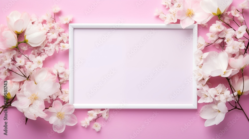 Modern interior of pink wall decorated with flowers. Mockup frame Modern interior of pink wall decorated with flowers. Mockup frame