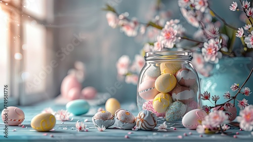 a glass jar filled with colorful Easter cookies shaped like eggs, creating a delightful and inviting scene that embodies the joy of the season.