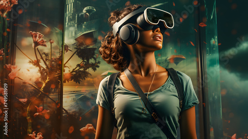 A Beautiful Girl with VR Glasses metaverse concept, exploring a virtual recreation of iconic landmarks from around the world. Generative AI