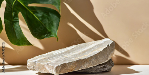 Natural stone podium display with leaf shadow. Product presentation on gray concrete table with palin background. photo