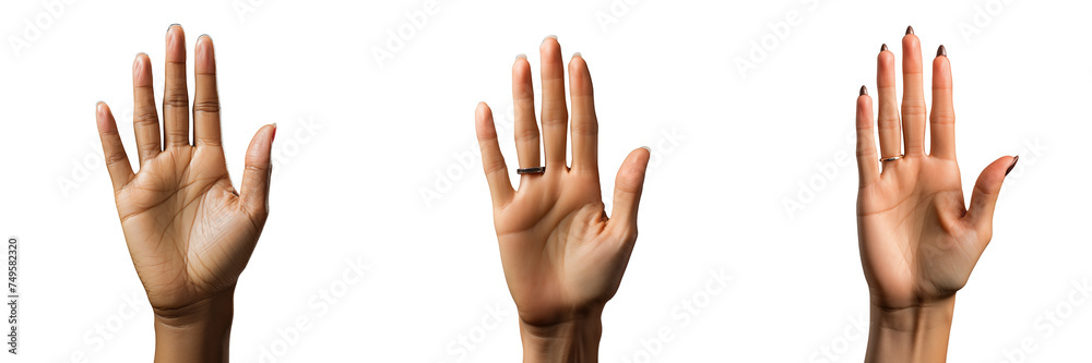 Female hand with a ring raised up on a transparent background Female hand with a ring raised up on a transparent background