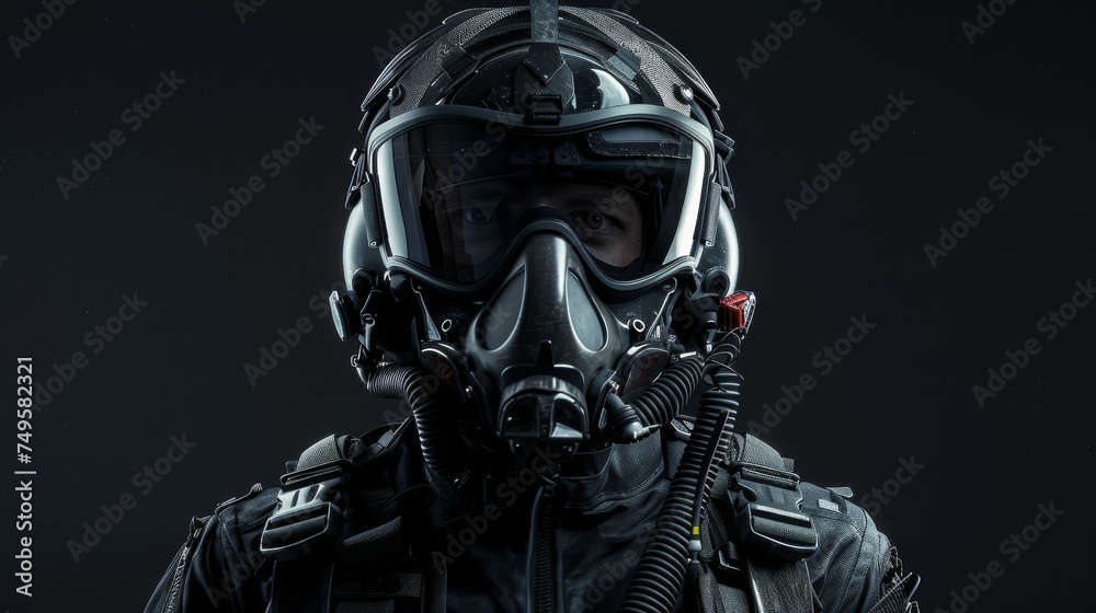 pilot of a military plane, on a dark background