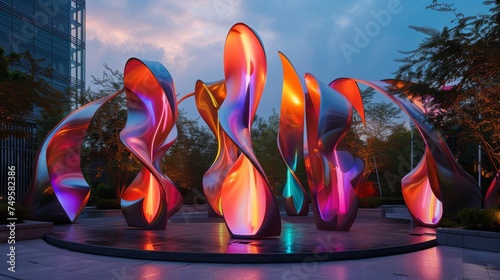 Vibrant Abstract Sculptures Radiating Light at Twilight