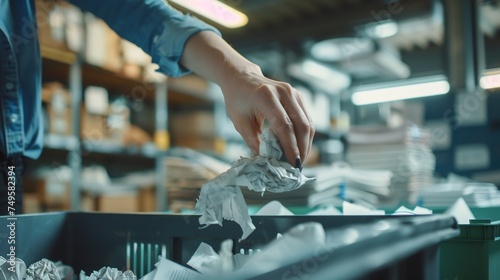 A close-up shot of a woman's hand, delicately crumpling a piece of paper, determination etched on her face as she prepares to toss it into a recycling bin nearby photo