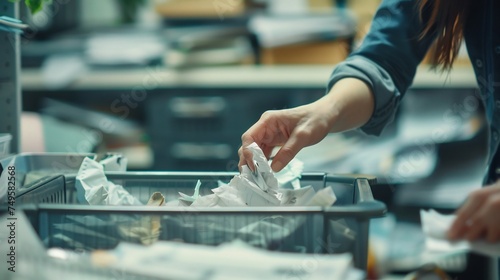 A close-up shot of a woman's hand, delicately crumpling a piece of paper, determination etched on her face as she prepares to toss it into a recycling bin nearby