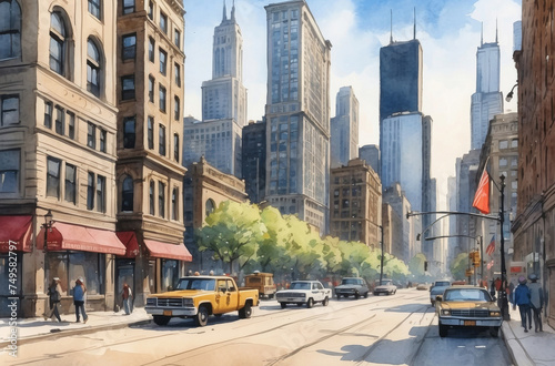 Chicago street cityscape watercolor background