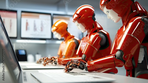 A group of robots working at laptops. Artificial intelligence automates customer service. A futuristic worker. Selective focus. Illustration for advertising, marketing or presentation. photo