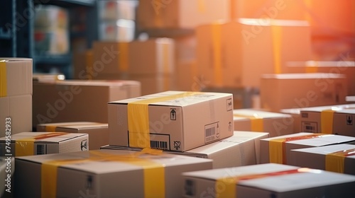 Stacks of cardboard boxes. A large warehouse with lots of goods. Logistics and cargo delivery. Illustration for advertising, marketing or presentation.