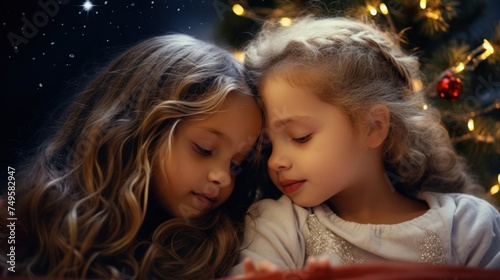 Christmas joy radiates as two sisters share secrets in a heartwarming family scene, bathed in the warm glow of holiday lights.