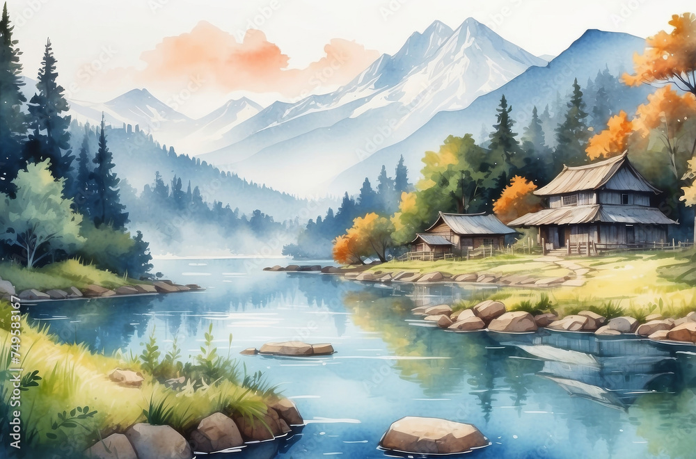 nature landscape and a house watercolor background