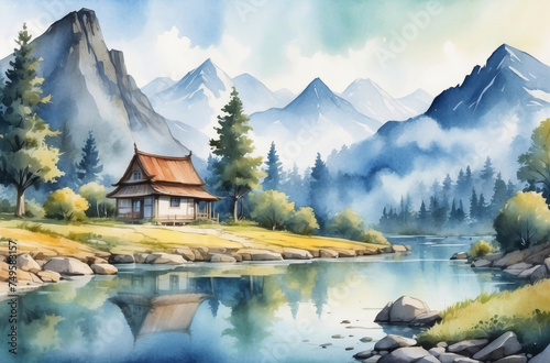 nature landscape and a house watercolor background © Magic Art