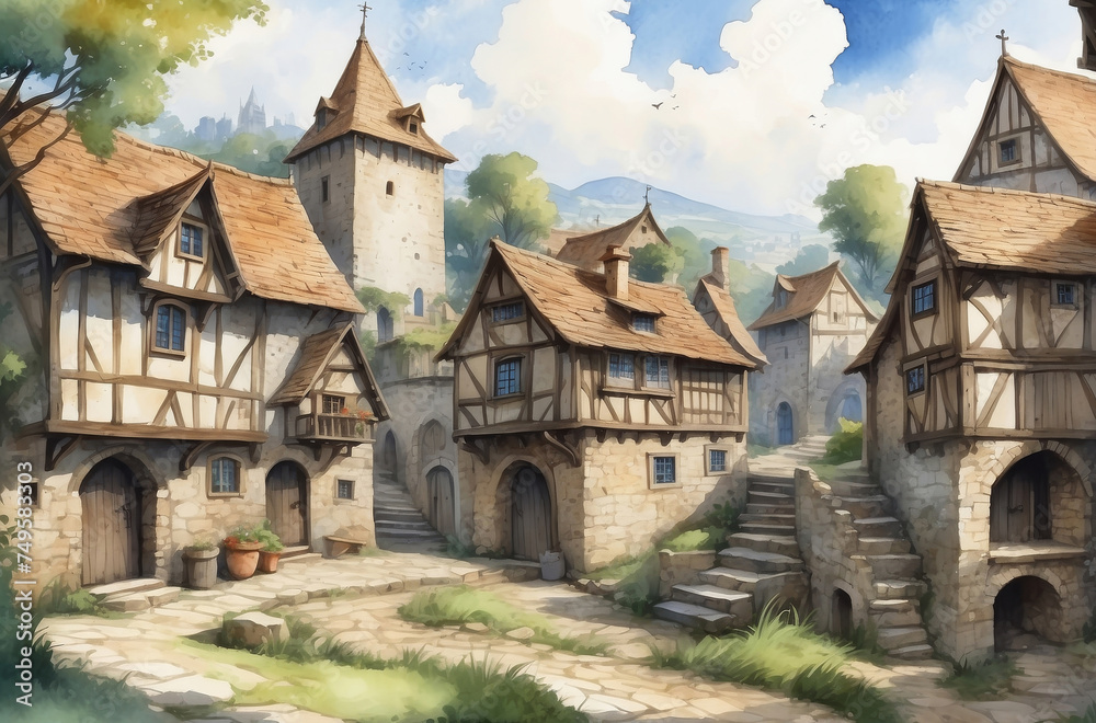 medieval city watercolor background