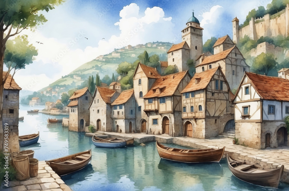 medieval city watercolor background