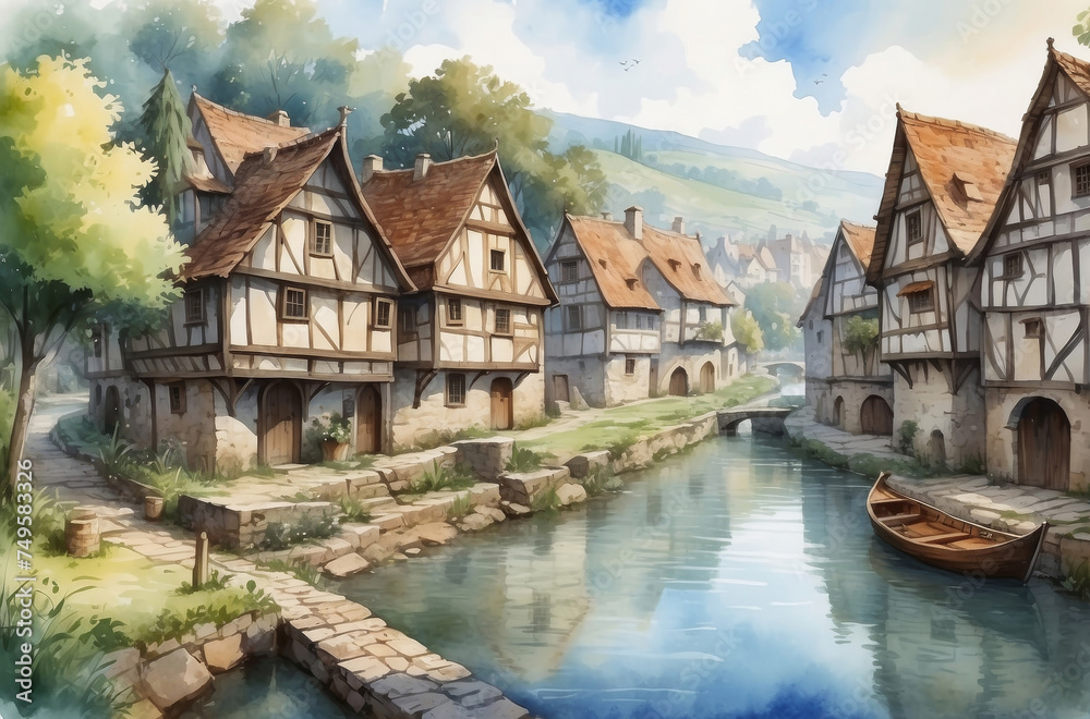 medieval city watercolor background