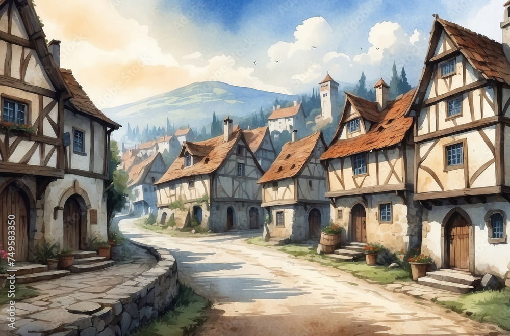 medieval city watercolor background