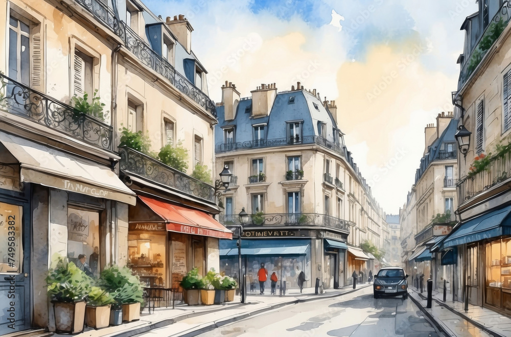 Paris street cityscape watercolor background