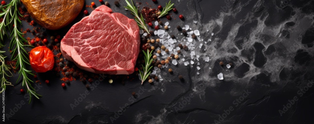 Raw meat beef steak with salt on dark luxury stone table, top view food banner. Generative Ai.