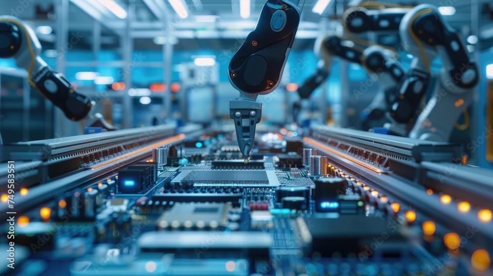 Automated PCB assembly line. Conveyor with robotic arms in electronics ...