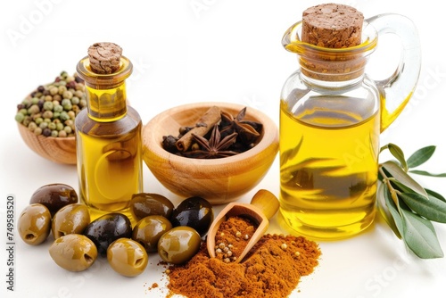 Bottle of olive oil and spices on white background