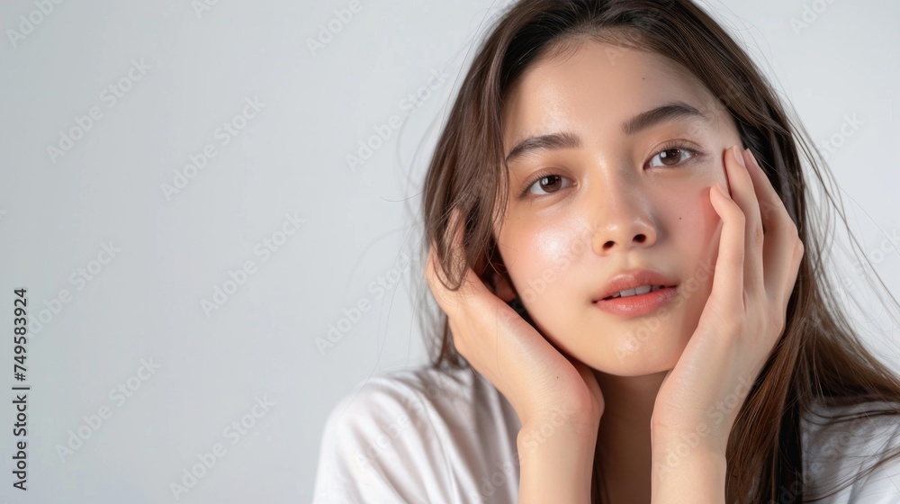 Portrait photography of young woman Wears a white t-shirt, has long hair and is cute and beautiful. Portrait photography of young woman Wears a white t-shirt, has long hair and is cute and beautiful.