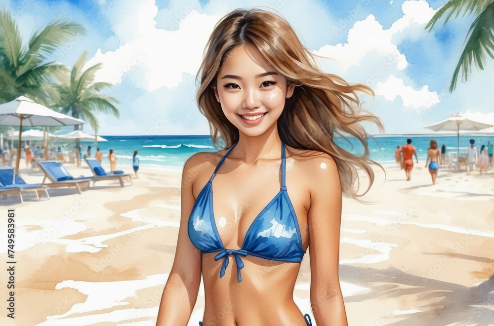 portrait of a Asian girl with bikini in the beach watercolor art
