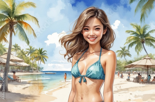 portrait of a Asian girl with bikini in the beach watercolor art © Magic Art
