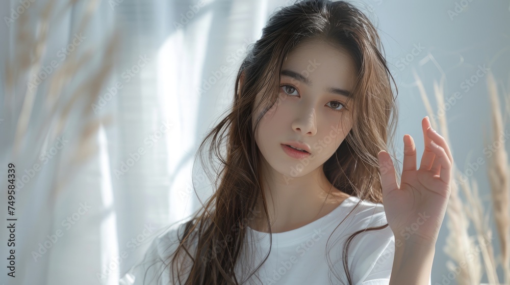 Portrait photography of young woman Wears a white t-shirt, has long hair and is cute and beautiful. Portrait photography of young woman Wears a white t-shirt, has long hair and is cute and beautiful.