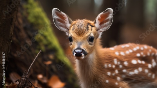 An enchanting encounter in the forest-a baby deer, brown and delicate, captures hearts with a gentle gaze in the summer greenery.