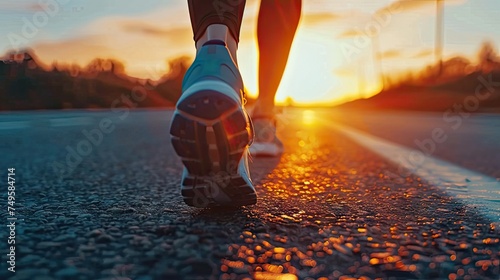 athlete runner feet on the road at sunrise