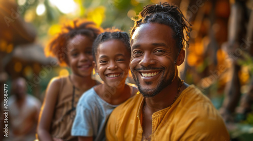 Man and Two Children Smiling for Camera
