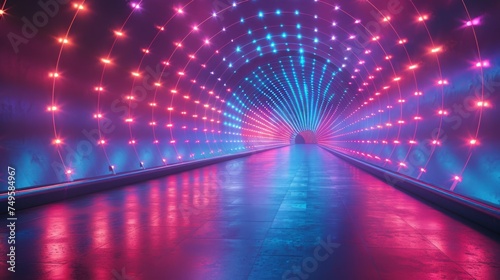Woman Walking Through Tunnel With Colorful Lights