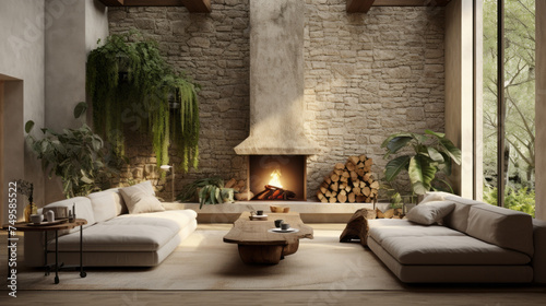 A chic living room featuring a stone wall  natural light  and various plants for a biophilic touch