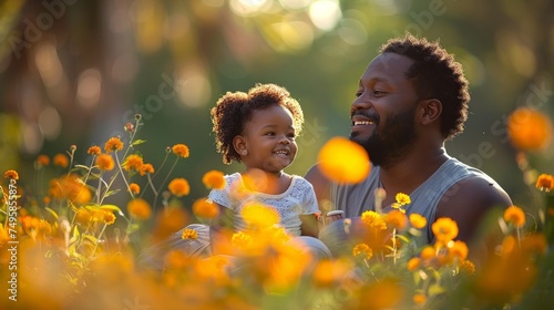 Man and Child Sitting in Field of Flowers