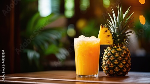 Pineapple juice in a glass and a decanter with fresh fruits on the table. A healthy sweet snack. A refreshing summer drink.