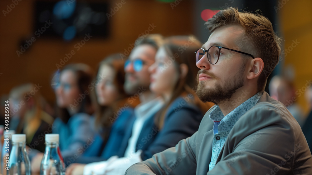 Attentive young man with glasses at a business seminar.