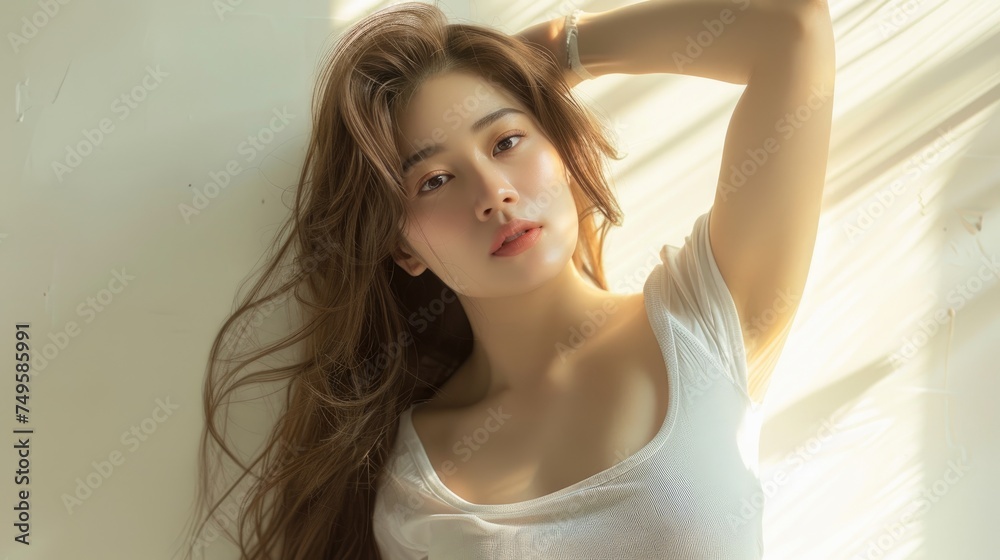 Portrait photography of young woman Wears a white t-shirt, has long hair and is cute and beautiful. Portrait photography of young woman Wears a white t-shirt, has long hair and is cute and beautiful.