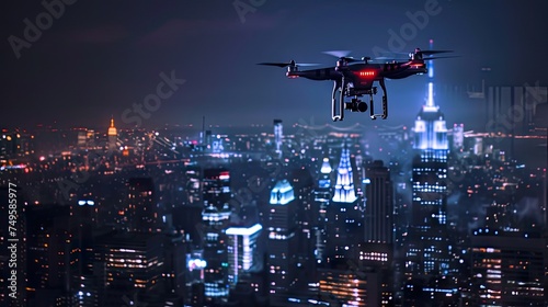 Explore the night with a dark drone in flight over the city. photo