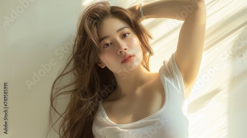 Portrait photography of young woman Wears a white t-shirt  has long hair and is cute and beautiful.