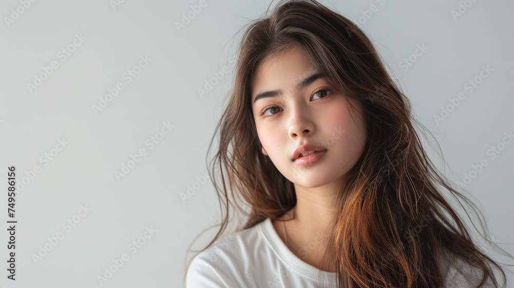 Portrait photography of young woman Wears a white t-shirt, has long hair and is cute and beautiful. Portrait photography of young woman Wears a white t-shirt, has long hair and is cute and beautiful.
