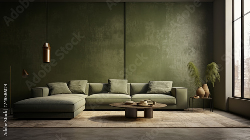 A chic living room featuring a textured wall finish in olive greens