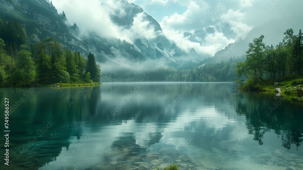 Lake surrounded by trees, with mountains in the background, under cloudy skies