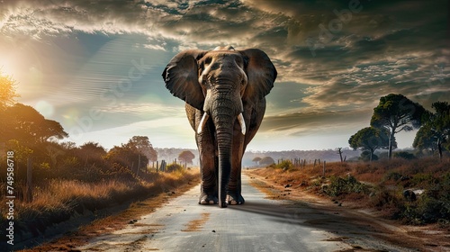 poignant image of a lonely elephant walking down the road, the sun behind
