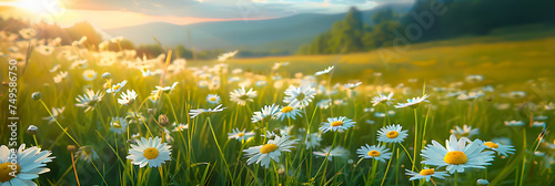 Beautiful spring and summer natural panoramic pastoral landscape with blooming field of daisies in the grass in the hilly countryside.