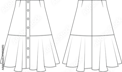 buttoned flared darted knee length a-line skirt template technical drawing flat sketch cad mockup fashion woman design style model 