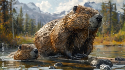Two beavers chilling on a log in the water, surrounded by a natural landscape