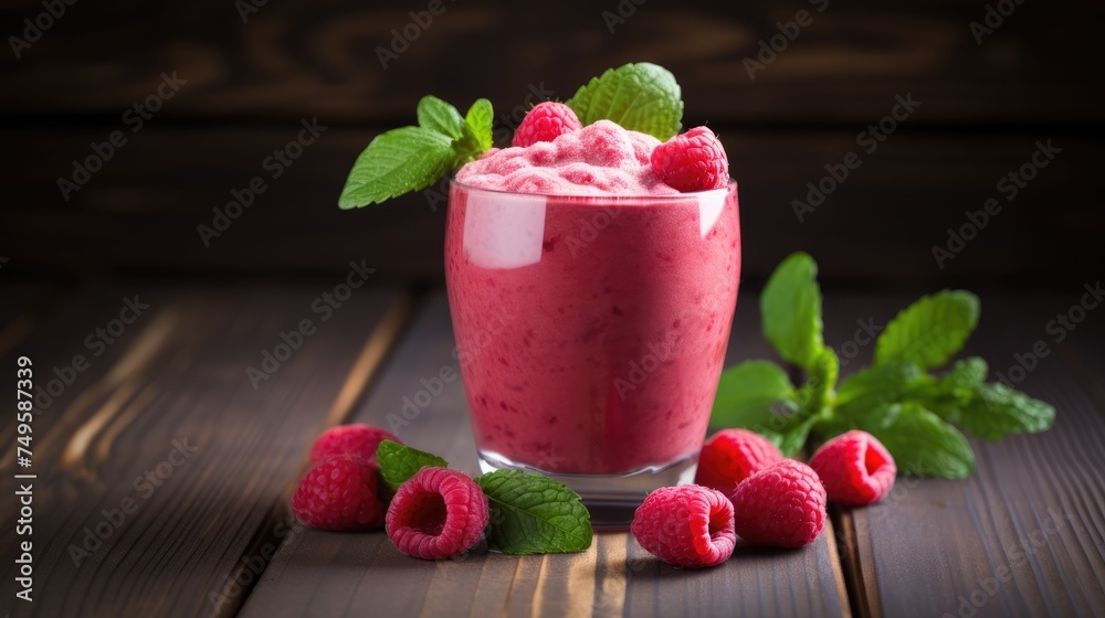 Smoothie in a glass of ripe raspberries on the table. A refreshing refreshing drink, a delicious snack and breakfast. A healthy organic drink. Proper nutrition and diet. Smoothie in a glass of ripe raspberries on the table. A refreshing refreshing drink, a delicious snack and breakfast. A healthy organic drink. Proper nutrition and diet.